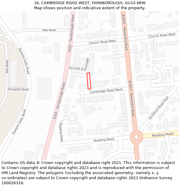 16, CAMBRIDGE ROAD WEST, FARNBOROUGH, GU14 6RW: Location map and indicative extent of plot
