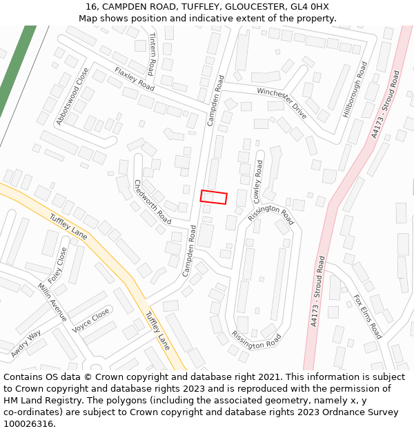 16, CAMPDEN ROAD, TUFFLEY, GLOUCESTER, GL4 0HX: Location map and indicative extent of plot