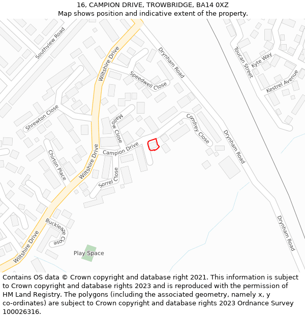 16, CAMPION DRIVE, TROWBRIDGE, BA14 0XZ: Location map and indicative extent of plot