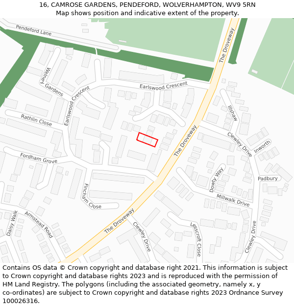16, CAMROSE GARDENS, PENDEFORD, WOLVERHAMPTON, WV9 5RN: Location map and indicative extent of plot
