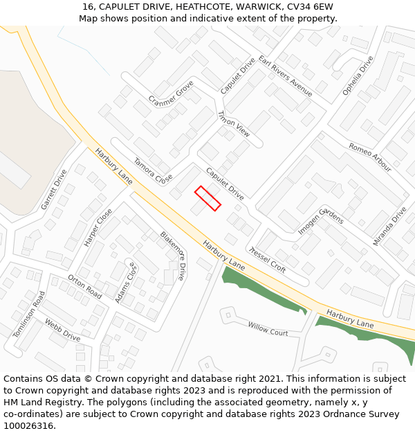 16, CAPULET DRIVE, HEATHCOTE, WARWICK, CV34 6EW: Location map and indicative extent of plot