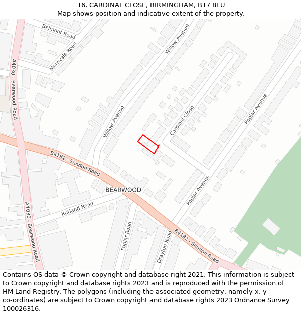 16, CARDINAL CLOSE, BIRMINGHAM, B17 8EU: Location map and indicative extent of plot