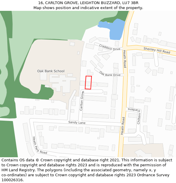 16, CARLTON GROVE, LEIGHTON BUZZARD, LU7 3BR: Location map and indicative extent of plot