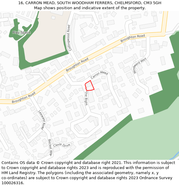 16, CARRON MEAD, SOUTH WOODHAM FERRERS, CHELMSFORD, CM3 5GH: Location map and indicative extent of plot