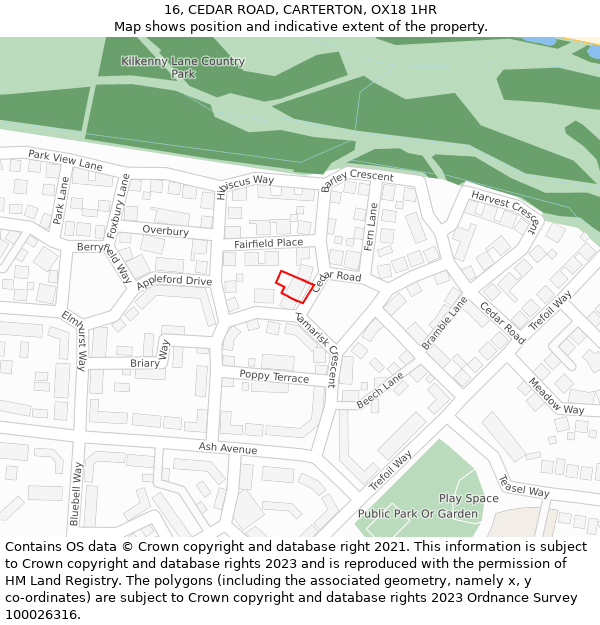 16, CEDAR ROAD, CARTERTON, OX18 1HR: Location map and indicative extent of plot