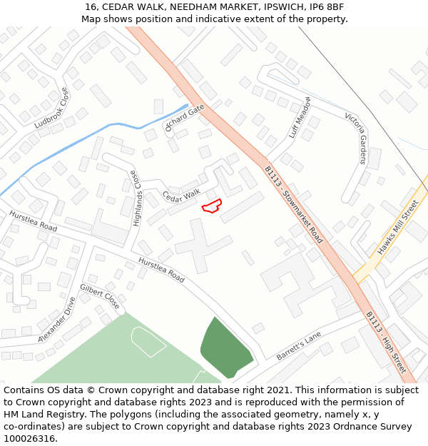 16, CEDAR WALK, NEEDHAM MARKET, IPSWICH, IP6 8BF: Location map and indicative extent of plot