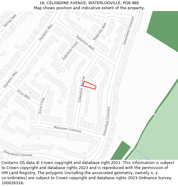 16, CELANDINE AVENUE, WATERLOOVILLE, PO8 9BE: Location map and indicative extent of plot