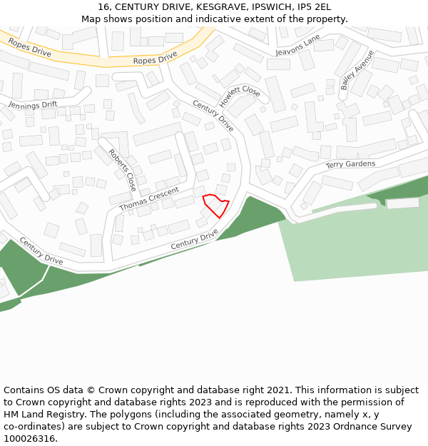 16, CENTURY DRIVE, KESGRAVE, IPSWICH, IP5 2EL: Location map and indicative extent of plot