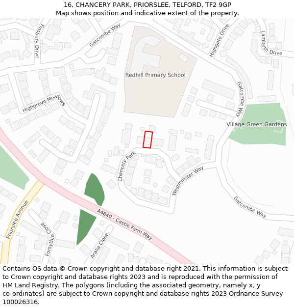 16, CHANCERY PARK, PRIORSLEE, TELFORD, TF2 9GP: Location map and indicative extent of plot