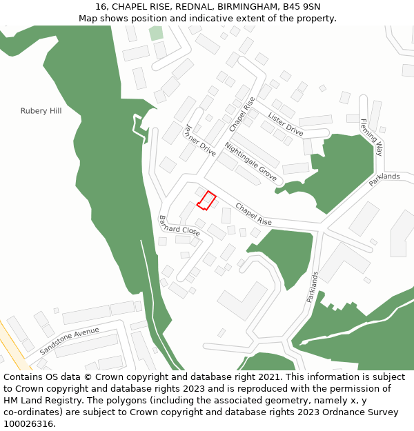 16, CHAPEL RISE, REDNAL, BIRMINGHAM, B45 9SN: Location map and indicative extent of plot