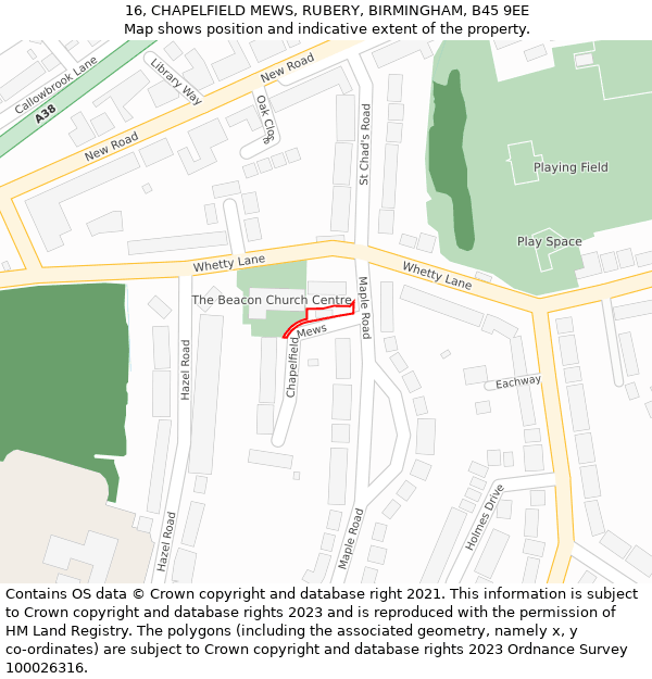 16, CHAPELFIELD MEWS, RUBERY, BIRMINGHAM, B45 9EE: Location map and indicative extent of plot