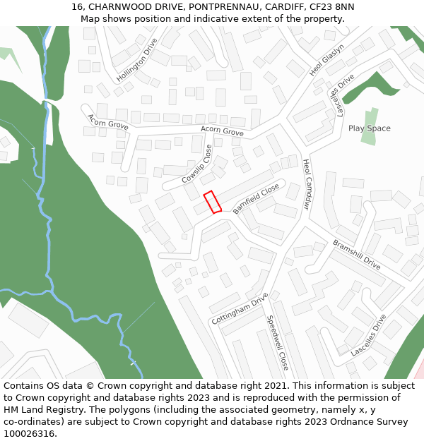 16, CHARNWOOD DRIVE, PONTPRENNAU, CARDIFF, CF23 8NN: Location map and indicative extent of plot