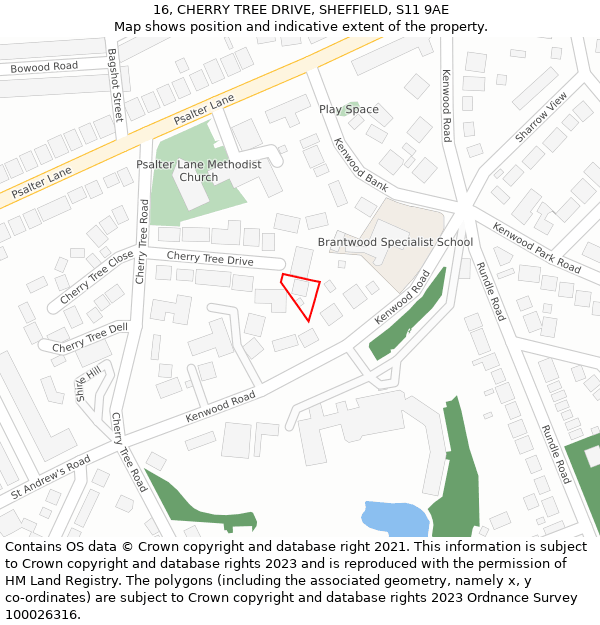 16, CHERRY TREE DRIVE, SHEFFIELD, S11 9AE: Location map and indicative extent of plot