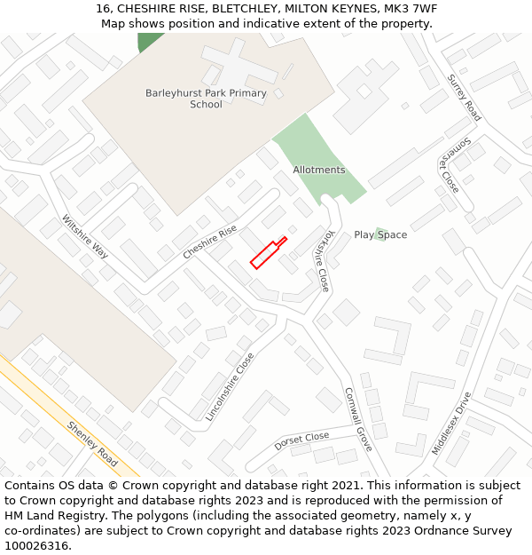 16, CHESHIRE RISE, BLETCHLEY, MILTON KEYNES, MK3 7WF: Location map and indicative extent of plot