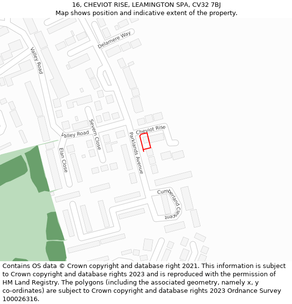 16, CHEVIOT RISE, LEAMINGTON SPA, CV32 7BJ: Location map and indicative extent of plot