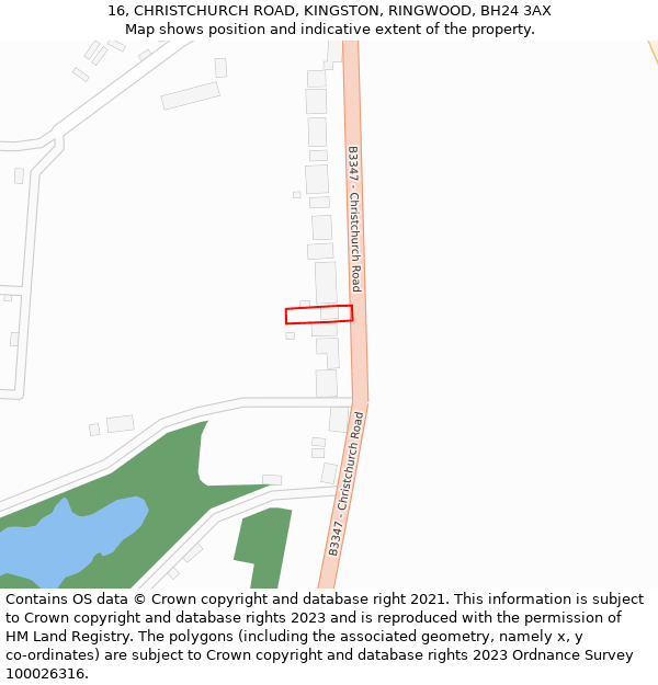 16, CHRISTCHURCH ROAD, KINGSTON, RINGWOOD, BH24 3AX: Location map and indicative extent of plot