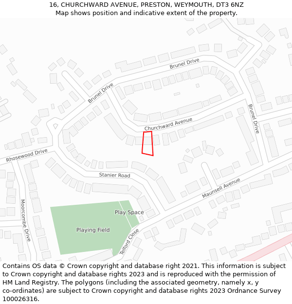 16, CHURCHWARD AVENUE, PRESTON, WEYMOUTH, DT3 6NZ: Location map and indicative extent of plot