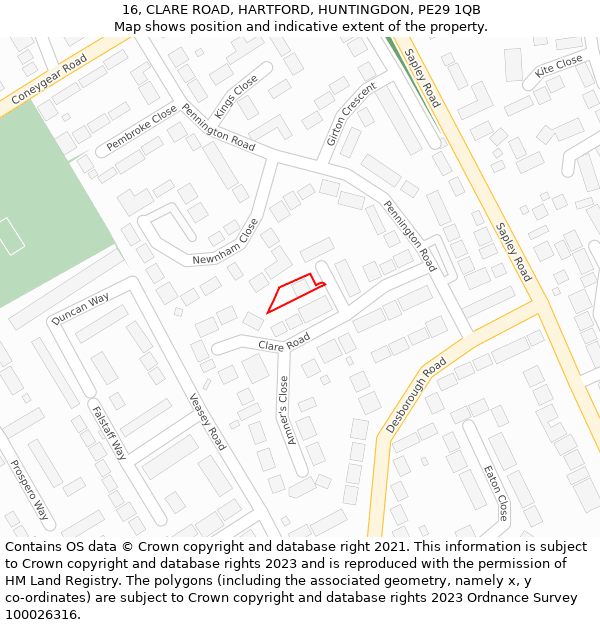 16, CLARE ROAD, HARTFORD, HUNTINGDON, PE29 1QB: Location map and indicative extent of plot