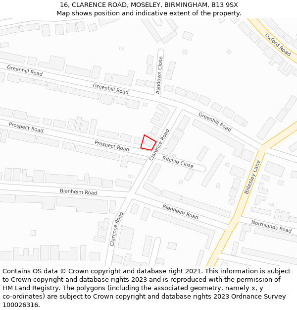 16, CLARENCE ROAD, MOSELEY, BIRMINGHAM, B13 9SX: Location map and indicative extent of plot