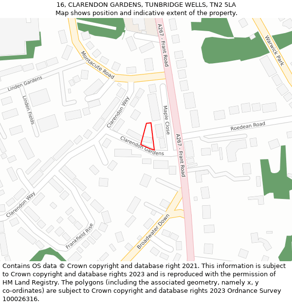 16, CLARENDON GARDENS, TUNBRIDGE WELLS, TN2 5LA: Location map and indicative extent of plot