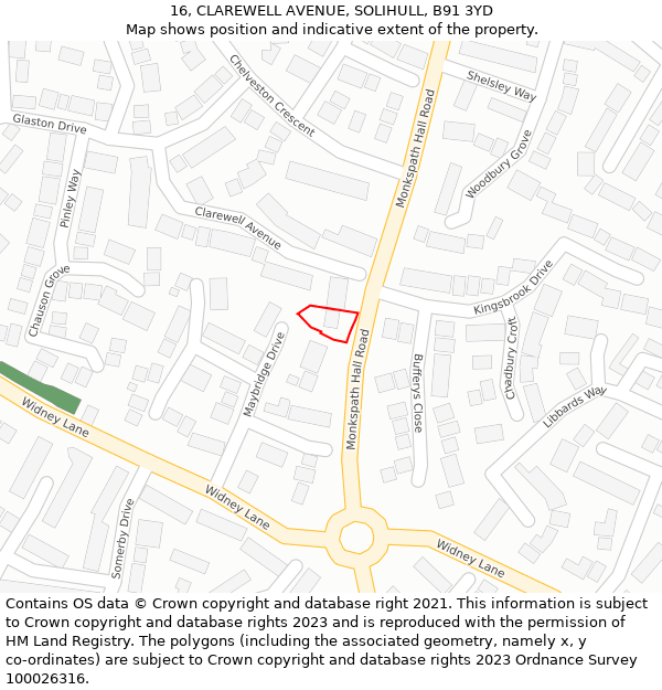 16, CLAREWELL AVENUE, SOLIHULL, B91 3YD: Location map and indicative extent of plot