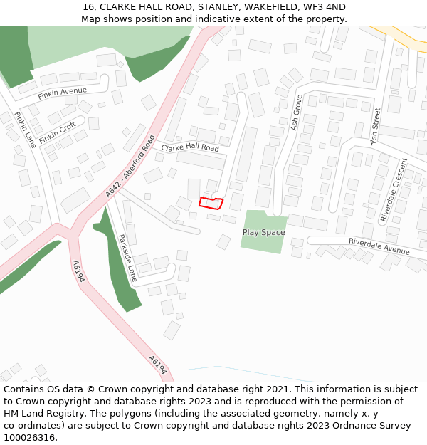 16, CLARKE HALL ROAD, STANLEY, WAKEFIELD, WF3 4ND: Location map and indicative extent of plot