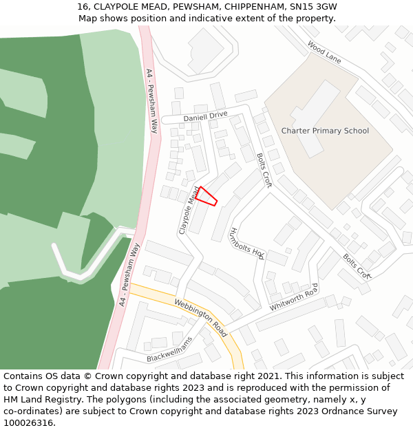 16, CLAYPOLE MEAD, PEWSHAM, CHIPPENHAM, SN15 3GW: Location map and indicative extent of plot