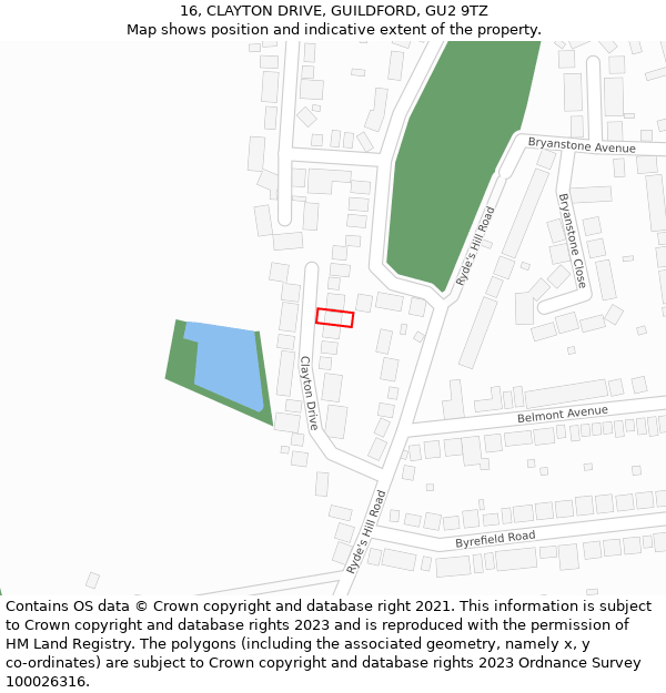 16, CLAYTON DRIVE, GUILDFORD, GU2 9TZ: Location map and indicative extent of plot