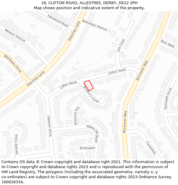 16, CLIFTON ROAD, ALLESTREE, DERBY, DE22 2PH: Location map and indicative extent of plot
