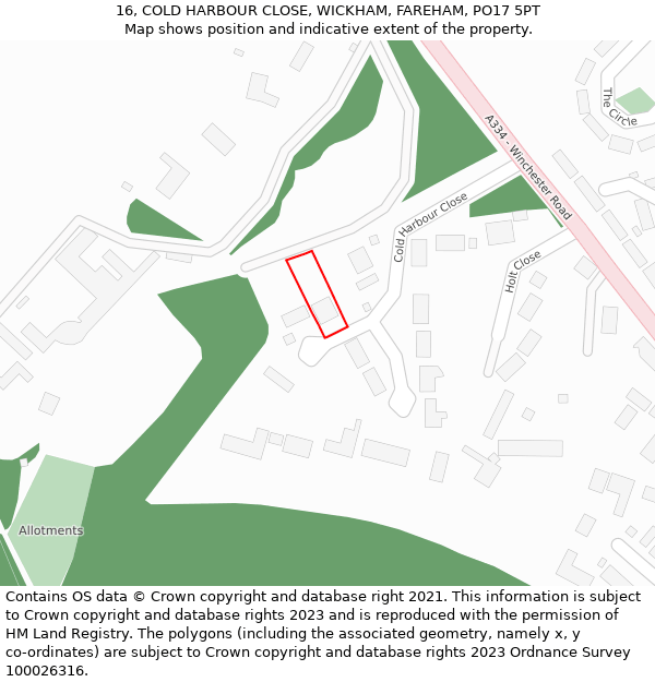 16, COLD HARBOUR CLOSE, WICKHAM, FAREHAM, PO17 5PT: Location map and indicative extent of plot