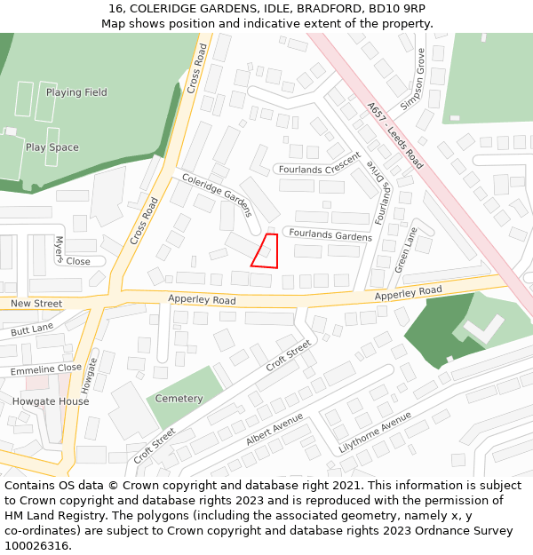 16, COLERIDGE GARDENS, IDLE, BRADFORD, BD10 9RP: Location map and indicative extent of plot