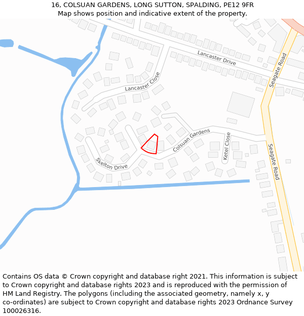 16, COLSUAN GARDENS, LONG SUTTON, SPALDING, PE12 9FR: Location map and indicative extent of plot