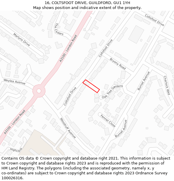 16, COLTSFOOT DRIVE, GUILDFORD, GU1 1YH: Location map and indicative extent of plot