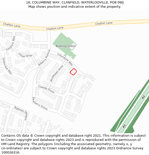 16, COLUMBINE WAY, CLANFIELD, WATERLOOVILLE, PO8 0WJ: Location map and indicative extent of plot