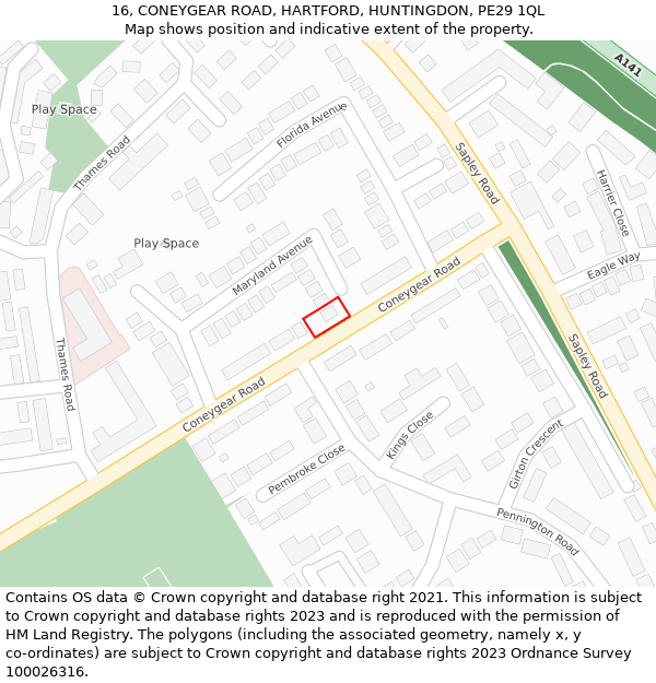 16, CONEYGEAR ROAD, HARTFORD, HUNTINGDON, PE29 1QL: Location map and indicative extent of plot