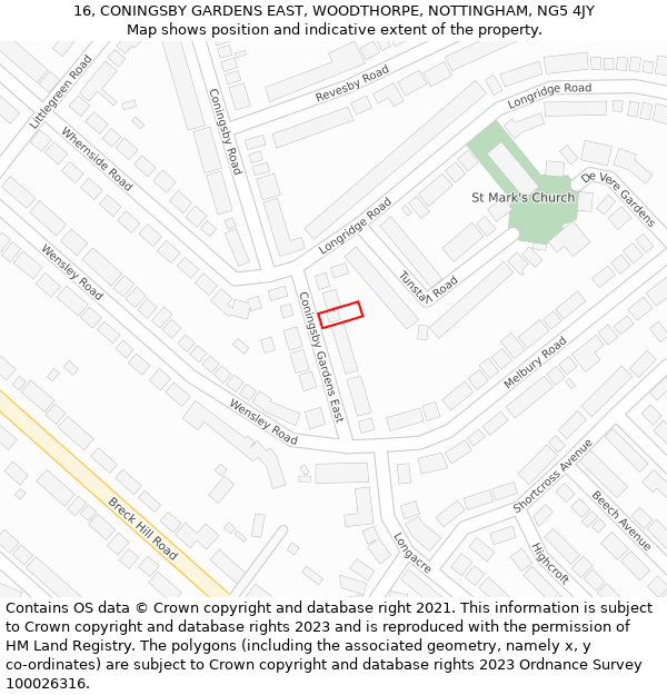 16, CONINGSBY GARDENS EAST, WOODTHORPE, NOTTINGHAM, NG5 4JY: Location map and indicative extent of plot