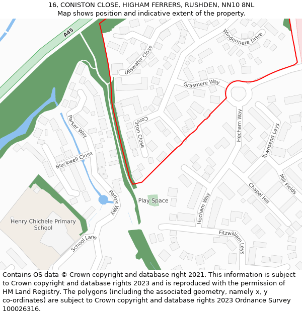 16, CONISTON CLOSE, HIGHAM FERRERS, RUSHDEN, NN10 8NL: Location map and indicative extent of plot