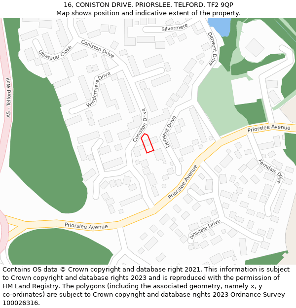 16, CONISTON DRIVE, PRIORSLEE, TELFORD, TF2 9QP: Location map and indicative extent of plot