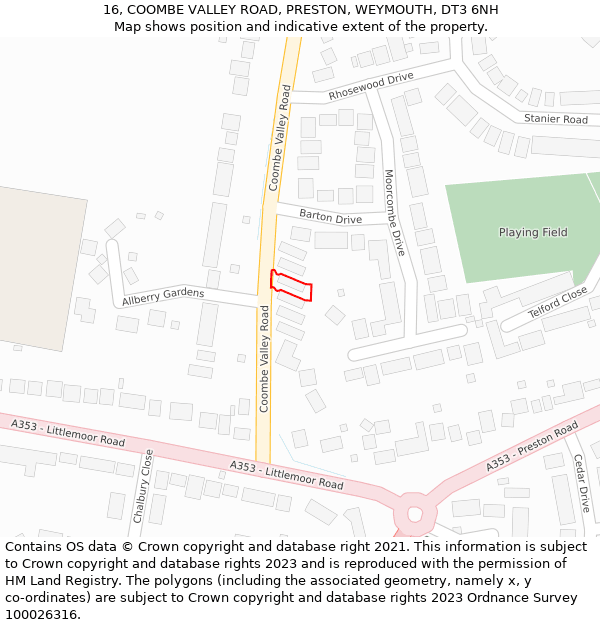 16, COOMBE VALLEY ROAD, PRESTON, WEYMOUTH, DT3 6NH: Location map and indicative extent of plot