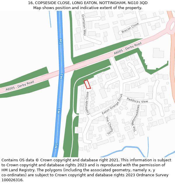 16, COPSESIDE CLOSE, LONG EATON, NOTTINGHAM, NG10 3QD: Location map and indicative extent of plot