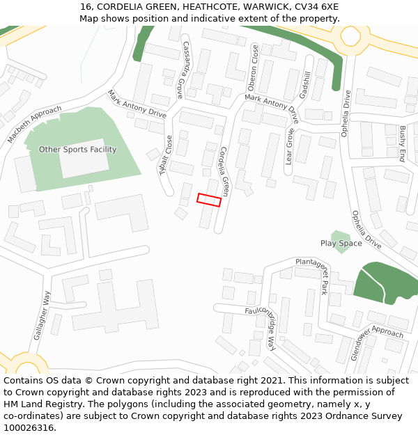 16, CORDELIA GREEN, HEATHCOTE, WARWICK, CV34 6XE: Location map and indicative extent of plot