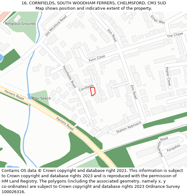 16, CORNFIELDS, SOUTH WOODHAM FERRERS, CHELMSFORD, CM3 5UD: Location map and indicative extent of plot