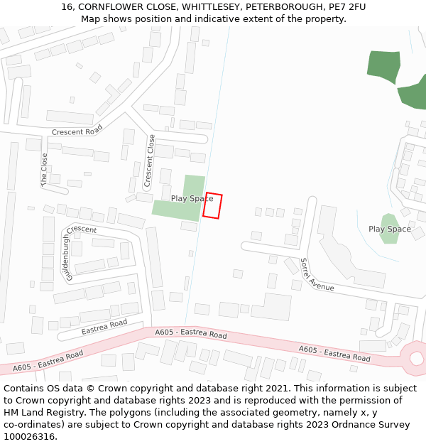 16, CORNFLOWER CLOSE, WHITTLESEY, PETERBOROUGH, PE7 2FU: Location map and indicative extent of plot