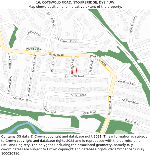 16, COTSWOLD ROAD, STOURBRIDGE, DY8 4UW: Location map and indicative extent of plot