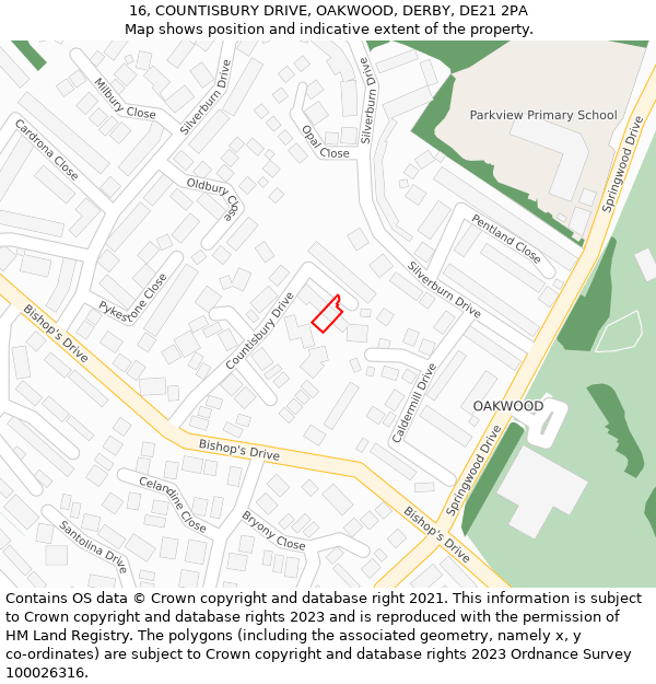 16, COUNTISBURY DRIVE, OAKWOOD, DERBY, DE21 2PA: Location map and indicative extent of plot