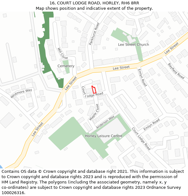 16, COURT LODGE ROAD, HORLEY, RH6 8RR: Location map and indicative extent of plot