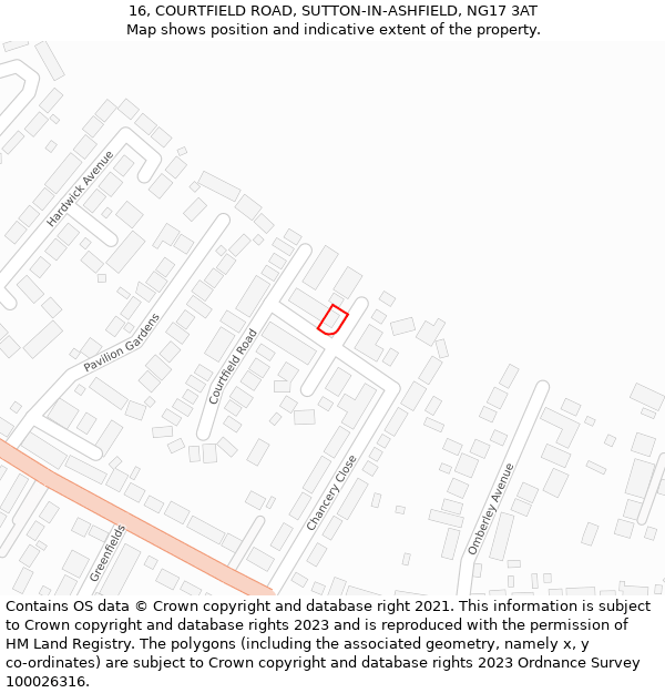 16, COURTFIELD ROAD, SUTTON-IN-ASHFIELD, NG17 3AT: Location map and indicative extent of plot