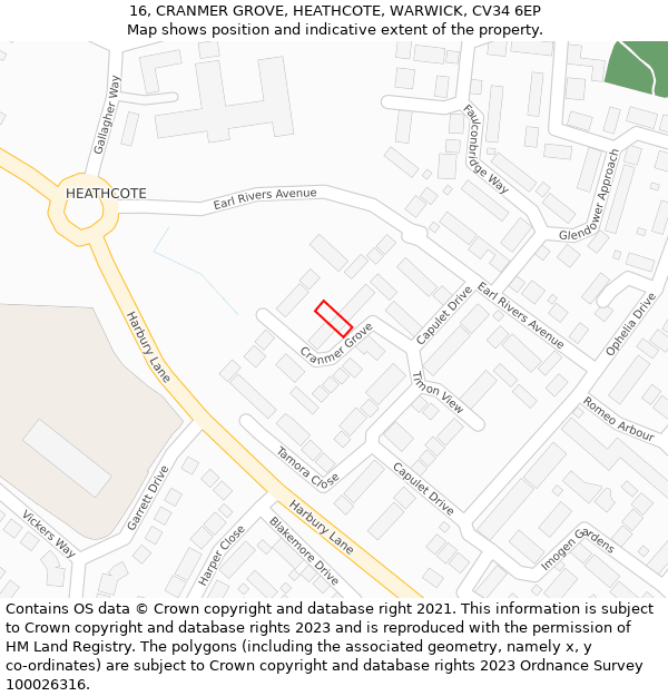 16, CRANMER GROVE, HEATHCOTE, WARWICK, CV34 6EP: Location map and indicative extent of plot