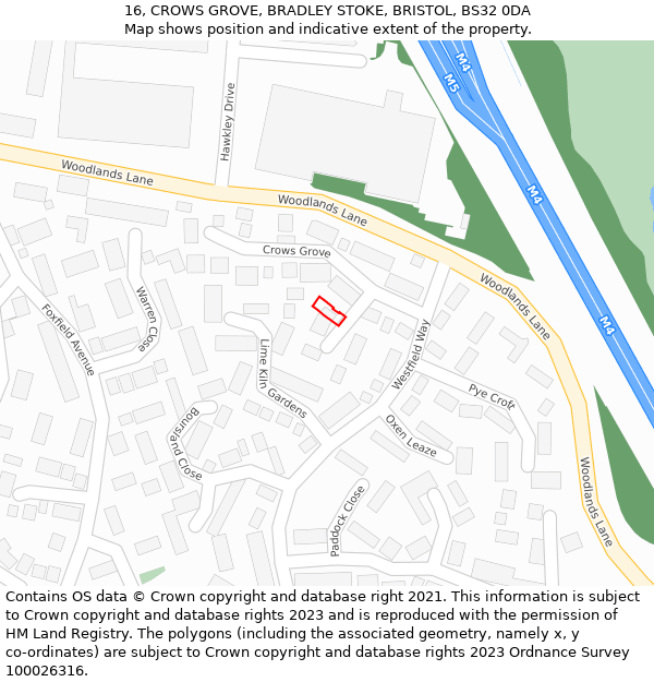 16, CROWS GROVE, BRADLEY STOKE, BRISTOL, BS32 0DA: Location map and indicative extent of plot