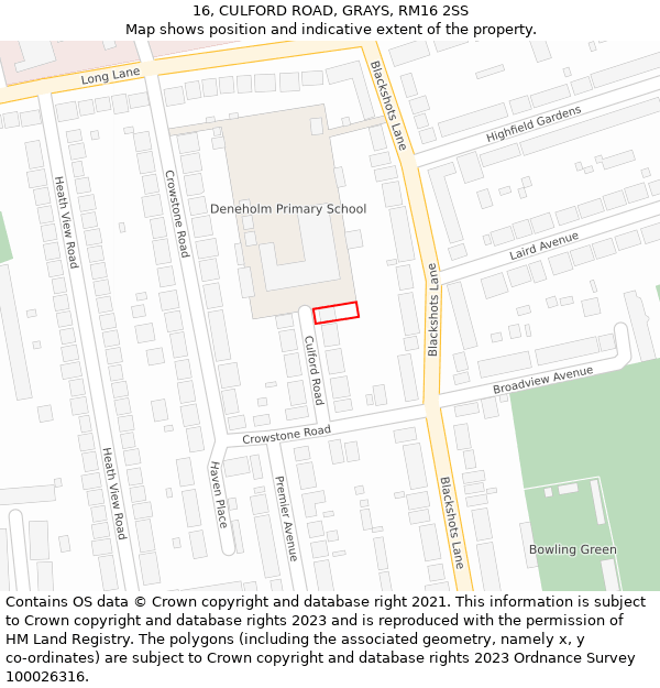 16, CULFORD ROAD, GRAYS, RM16 2SS: Location map and indicative extent of plot